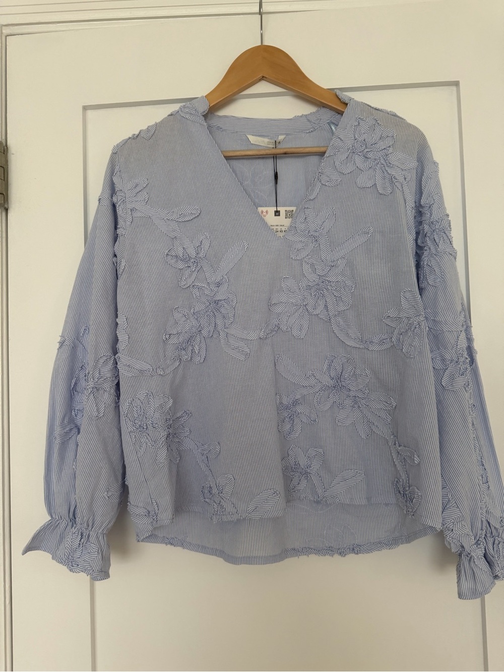 Zara Light Blue Embroidered V-Neck Women's Top